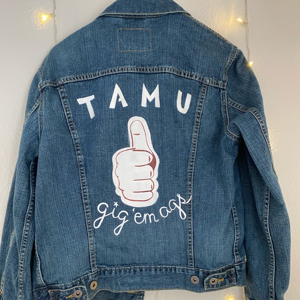 Painted Texas A&M (TAMU) “Gig’Em” Jean Jacket